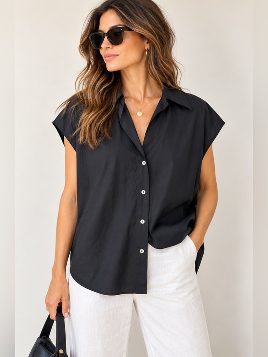 Vince Tops - Vince Black 100% Cotton Oversized Cap Sleeve Button Down Blouse Top S
